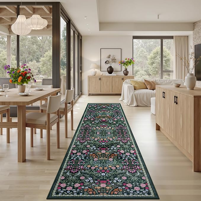 Runner Rug for Entryway: 3x10 Kitchen Rugs Non Slip Washable Ultra-Thin Soft Floral Carpet Indoor Floor Stain Resistant Carpets for Hallway Bedroom Kitchen Laundry Bathroom Dorm Dark Green