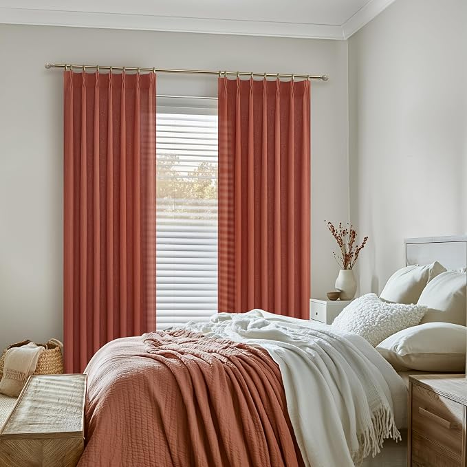 Rust Burnt Orange Fall Sheer Curtains 90 Inches Long for Bedroom 2 Panels Set, Pinch Pleated Flax Linen Light Filtering Decorative Windows Curtain with Hooks Dining Room Privacy Country Drape 7-1/2 FT