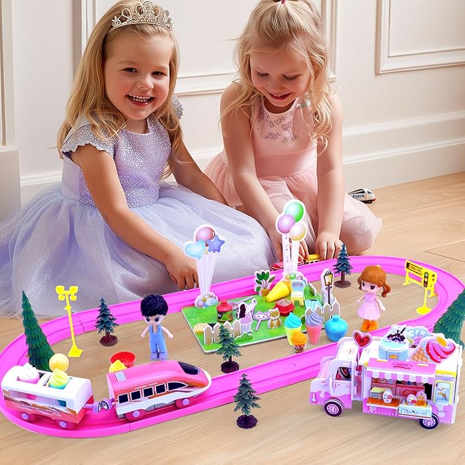 Pink Train Sets for Toddlers|Musical Electric Train Toys with DIY Ice Cream Truck 3D Foam Puzzles Party Scene Building Kit & Dolls for Girls Boys 3-5 Years Old Parent-Child Interaction Birthday Gift