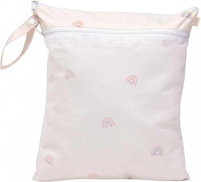 Ali+Oli Water Resistant Dual-Compartment Wet-Dry Bag for Travel, Hook to Stroller, Daycare, Diapers, Diaper Bag, Clutch Bag,15x12 inches (Rainbows)