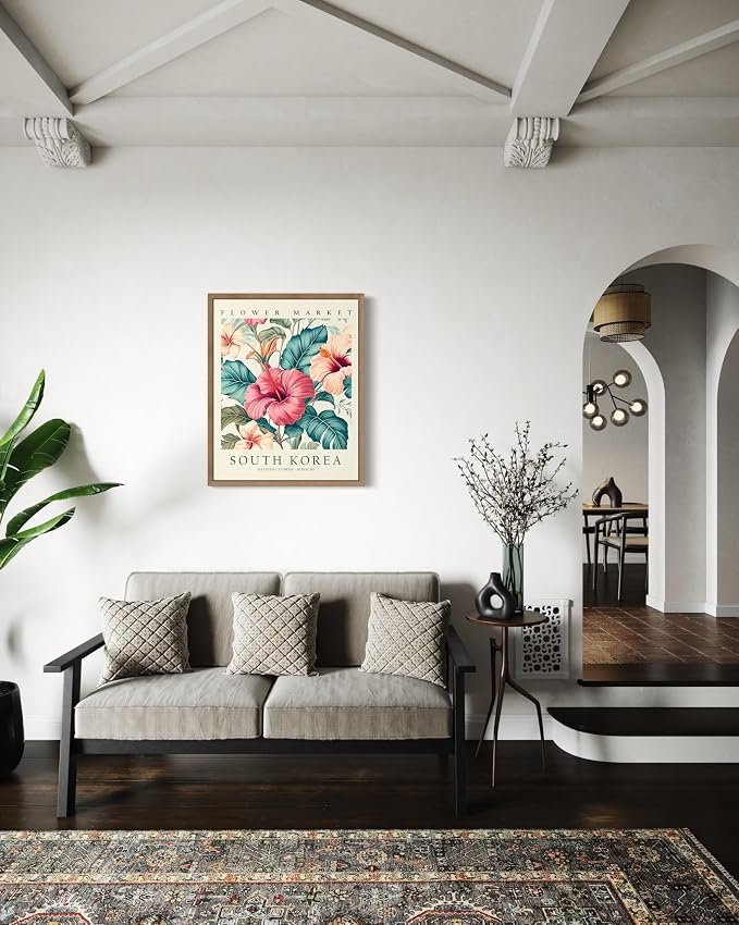 South Korea Flower Market Art Print Poster, Wall Art Floral Painting Botanical Decor for Bedroom, Kitchen, Bathroom Livingroom Decoration 82B (South Korea, 14"L x 11"W, Wood Frame)