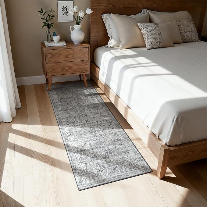 Lofus 2X6 Area Rugs for Hallways, Grey Washable Non-Slip Kitchen Runner Rug | Low Pile Runner Rugs, Soft Carpet for Kitchen Bathroom Bedroom Laundry, Stain Resistant, Low Pile, Vintage Distressed Rug
