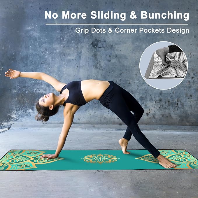 Colorful Star Yoga Towel with Corner Pockets, Non Slip Grip Dots Absorbent Hot Yoga Mat Towels, Yoga Blankets with Travel Bag, Mat Cover for Workout, Gym, Fitness - 74"x26", Turquoise Gold Mandala