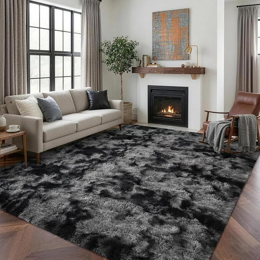 6x9 Ft Large Shag Rug for Living Room Bedroom,Tie-Dyed Ultra Soft Fluffy Furry Area Rug, Aesthetic Carpet for Indoor Floor Home Decor(Dark Grey)