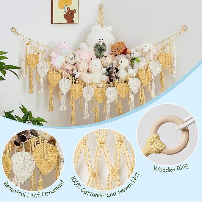 Pretty Jolly Stuffed Animal Storage with Hand Woven Leaf Tassels Hammock Corner Hanging Net Boho Macrame Plush Storage for Kid Room Nursery Decor Wall Display Organizer for Girls Boy Gift(Yellow)