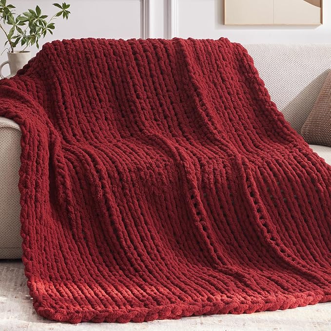 Negwoo Chunky Knit Throw Blanket, Knitted Throw Chenille Yarn, 80"*90" | Soft Thick Cable Knitted Blankets, Handmade Big Thick Blanket, Machine Washable Cute Comfy Blanket for Home Decor, Red