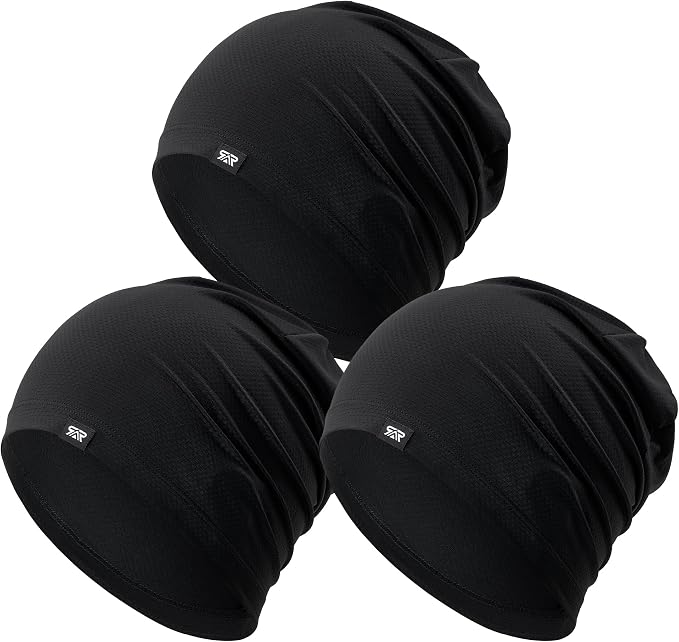 QINGLONGLIN Cooling Skull Cap Sweat Wicking Breathable for Men Women 3 Pack | Lightweight Quick Dry Beanie & Helmet Liner, Stretch Non-Slip Fit Under Hard Hat, Construction Gym Cycling Running Workout