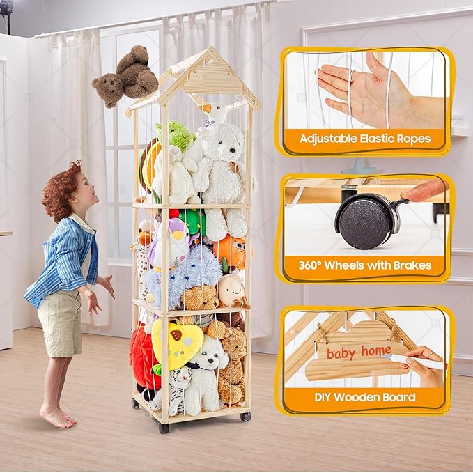 Stuffed Animal Storage,Stuff Animal Organizer Display Wood Zoo Animals Toy Holder with Length Adjustable,360° Swivel Wheels Simple Installation for Nursery Play Room Bedroom