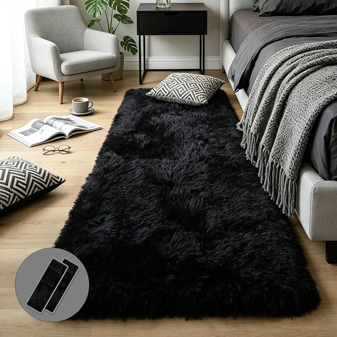 Black Fluffy Shag Rug 2x6, 2 Pcs Soft Plush Fuzzy Washable Non Slip | Modern comfy furry shaggy carpet for bedroom, living room, kids room, nursery, dorm, boys and girls