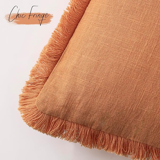 Foindtower Set of 2 Decorative Linen Fringe Throw Pillow Covers Cozy Boho Farmhouse Cushion Cover with Tassels Soft Accent Pillowcase for Couch Sofa Bed Living Room Home Decor,18×18 Inch,Dusty Orange