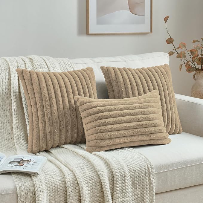 FUTEI Pack of 2 Faux Fur Throw Pillow Covers 12x20 Inch, Khaki | Fluffy Faux Rabbit Fur Front/Premium Velvet Back,Hidden Zipper,Machine Washable,Non-Shedding,Colorfast,Insert Not Included.
