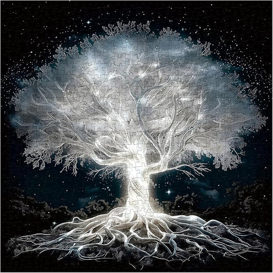 Glowing Tree of Life Puzzle for Adults 1000 Pieces, Fantasy Forest White Tree Under Starry Night Sky Scene Jigsaw Puzzle, Nature Landscape Puzzle, Hard Challenging Puzzles for Adults