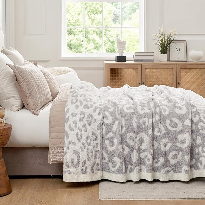 Snuggle Sac Leopard Queen Size Grey Microfiber Fluffy Warm Cozy Fuzzy Soft Blanket Reversible Cheetah Blankets for Bed, Couch, Sofa, 90x90 inches
