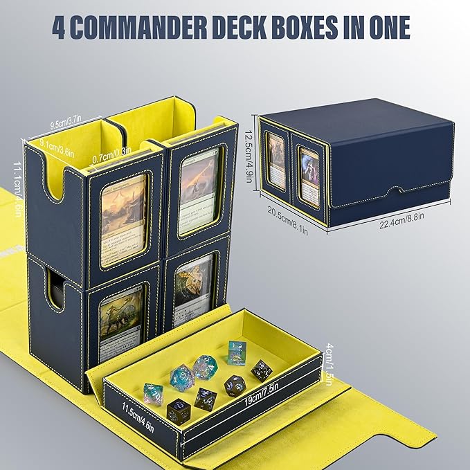 Kabinka Card Deck Box for MTG Commander, Holds 400+ Double-Sleeved Cards, 5 IN 1 Detachable Card Case with Dice Tray, Fits Magic/TCG Cards, 4 Magnetic Card Holders & Dividers (Blue Yellow)