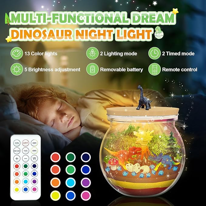 Dinosaur Gifts for Boys -Dinosaur Terrarium Kit for Kids 4-8, Night Light Craft Kit, DIY Dinosaur Gifts for Kids Arts and Crafts DIY Nightlight Project Novelty for Boys Age 6-12