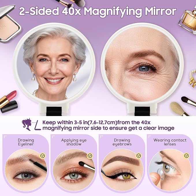 B Beauty Planet 40X Magnifying Mirror, Hand Mirror with Handle, Double Sided Hand Mirror with 40X/1X Magnification, Travel Essential Portable Foldable Makeup Mirror for Precision Makeup White