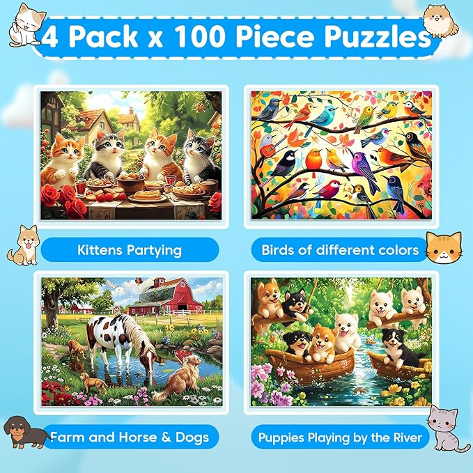 4 Packs 100 Piece Puzzles for Kids Ages 4-6 6-8 8-10, Dogs Cats Farms Birds Educational Jigsaw Puzzles, Kids Puzzles 5-8 Gifts for Girls Boys Adults Seniors 15x11in
