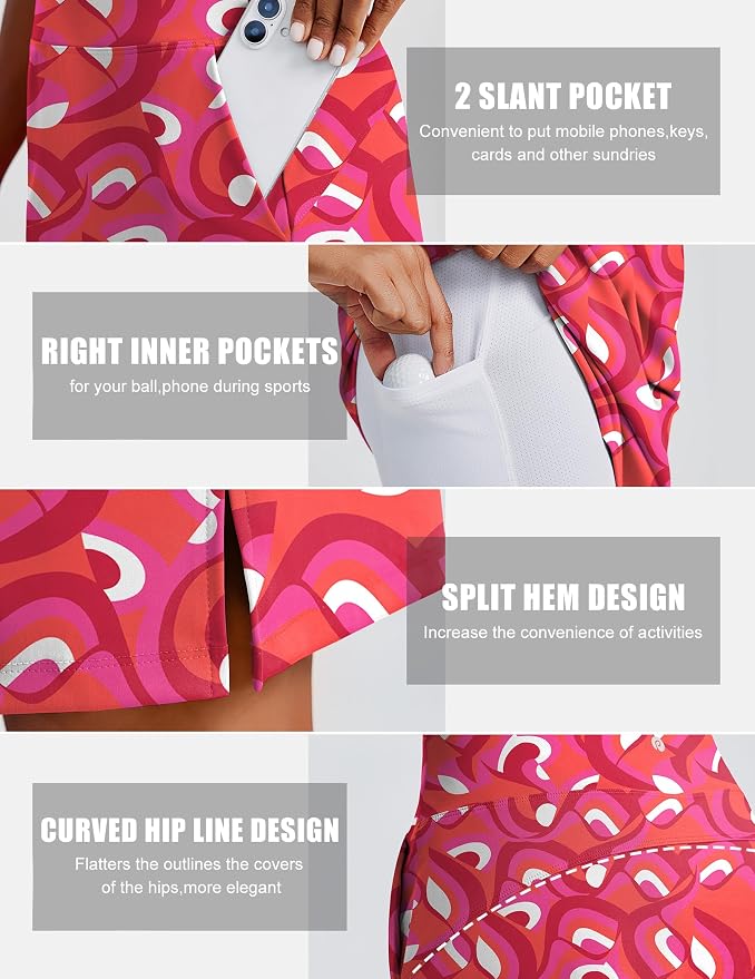 PINSPARK 20" Skorts for Woman Knee Length UPF 50+ Golf Skirts | 4 Pockets, Built-in Shorts, High Waisted, Split Hem, Silky-smooth, Moisture-wicking, for Golf Athletic Tennis Workout Casual