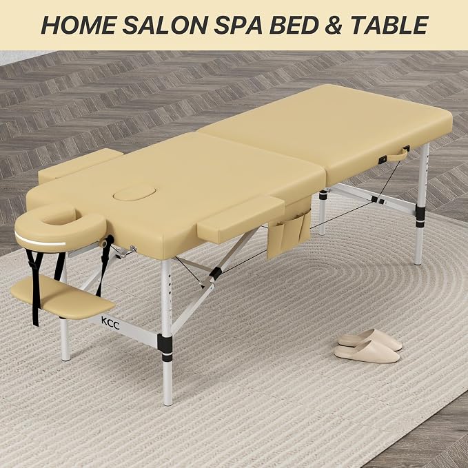 KCC Memory Foam Portable Massage Table, Foldable Tattoo Table Lash Bed Height Adjustable，28 Inchs Wide Home Salon Spa Bed Accessories &Carrying Case，Easy Set Up,Lightweight Aluminium Leg,Beige