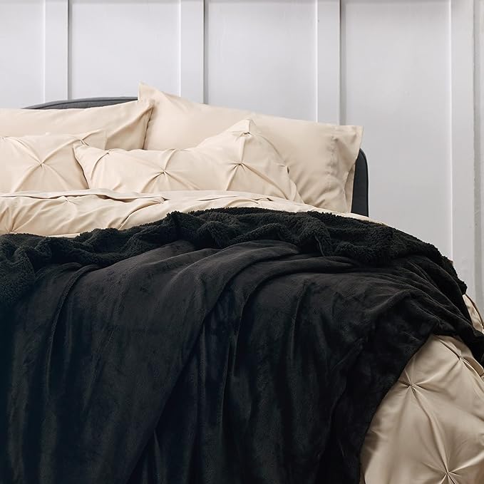 Bedsure GentleSoft Sherpa Fleece Blanket Queen Size for Bed, Non-Heated, Thick and Warm Throw for Women and Men, Soft Fuzzy Plush Heavy Queen Blanket for Winter, Black, 90x90 Inches