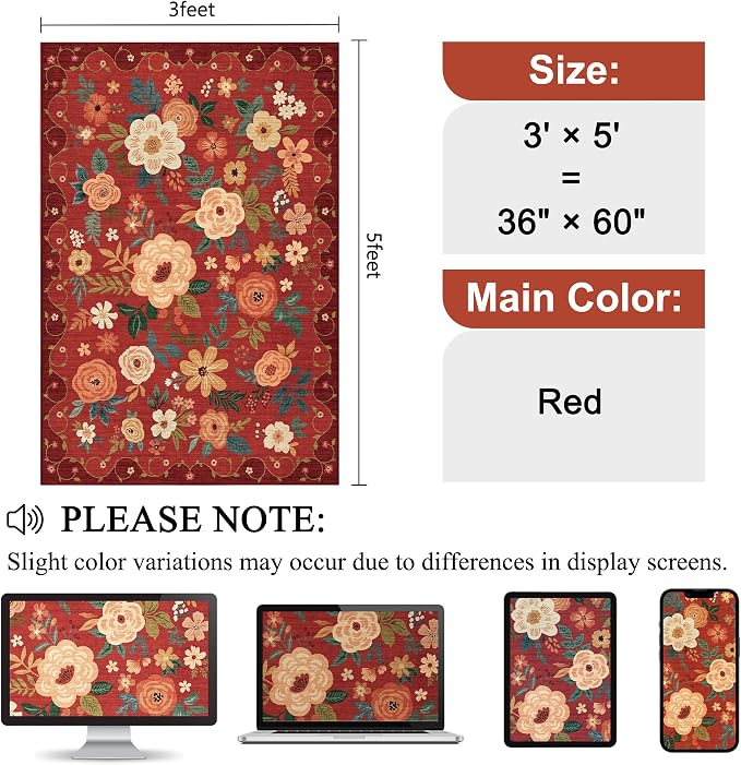 DUKINO 3x5 Area Rug, Floral Washable Rug for Bedroom Non Slip, Red | Soft, Stain Resistant Low Pile Indoor Rug for Entryway, Bedroom, Bathroom, Living Room, Pet Friendly, Home Decor, Lightweight