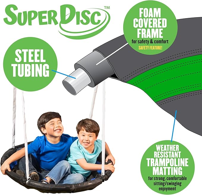 SuperDisc Swing Set with SuperDisc Swing. 5 User Capacity, Easy Assembly, Metal Frame Backyard Playground Set for Kids. with Padded Frame Legs for Safety. 148" L x 93" W x 74" H, by XDP Recreation