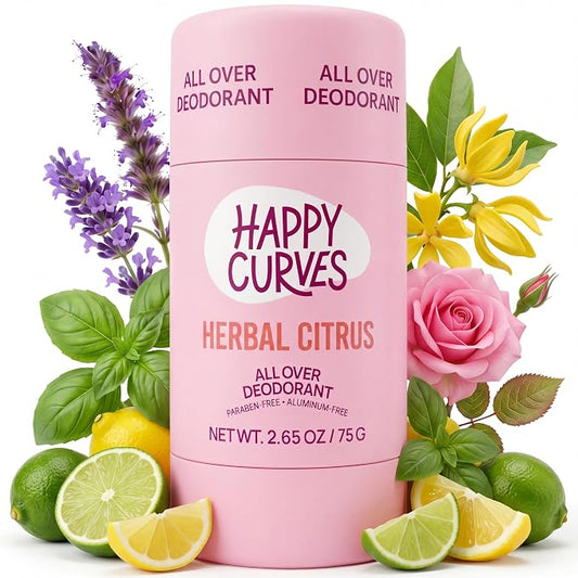 HAPPY CURVES All Over Whole Body Deodorant for Women - Aluminum-Free - Invisible All Day Layer of Full Body Protection for Long Lasting Odor Control, Sensitive Skin, & Private Parts - Herbal Citrus