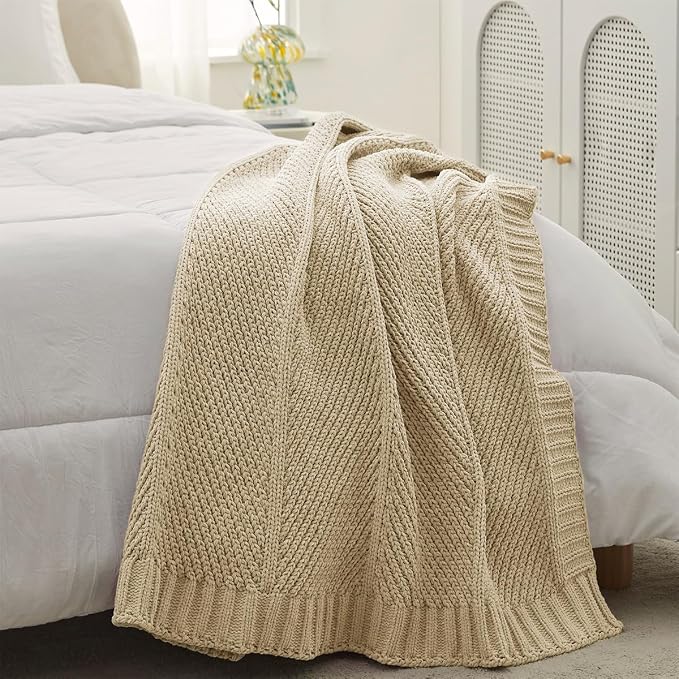 Knit Throw Blanket, Soft Chenille Cozy Breathable Chevron Chunky Decorative Blanket for Couch, Bed & Sofa, French-Inspired Lightweight Warm Gift for Women, Beige, 50"x60"