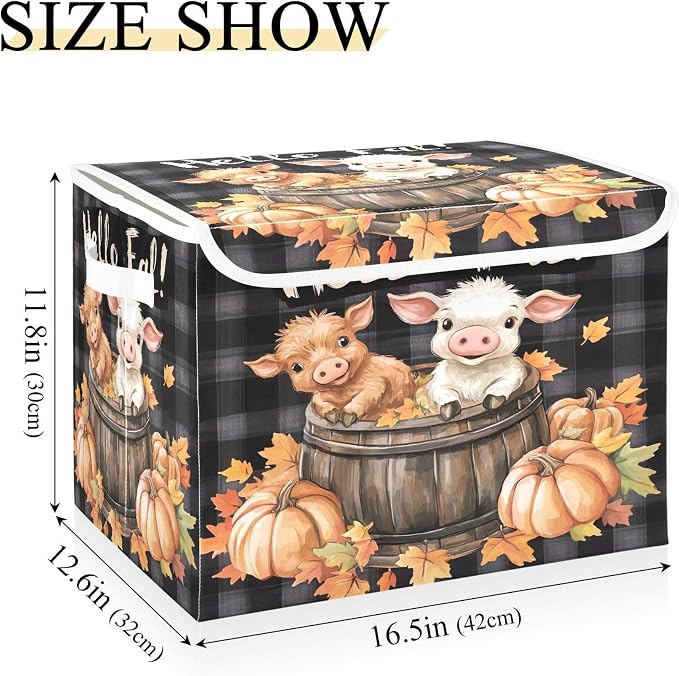 Cute Highland Cow Storage Bins with Lids and Carrying Handle,Foldable Storage Boxes Organizer Containers Baskets Cube with Cover for Home Bedroom Closet Office Nursery