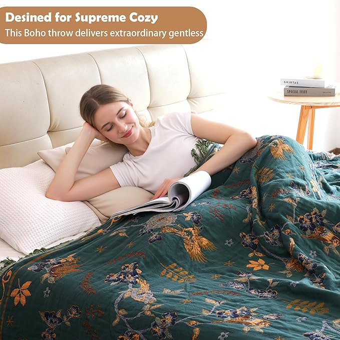 VANJOROY Boho 100% Cotton Large Throw Blanket King - All Season Rustic Ultra Soft Breathable Floral Bird Blanket for Bed Sofa Couch Chair Bedspread Quilt Gift, 91" x 108"-Teal/Beige