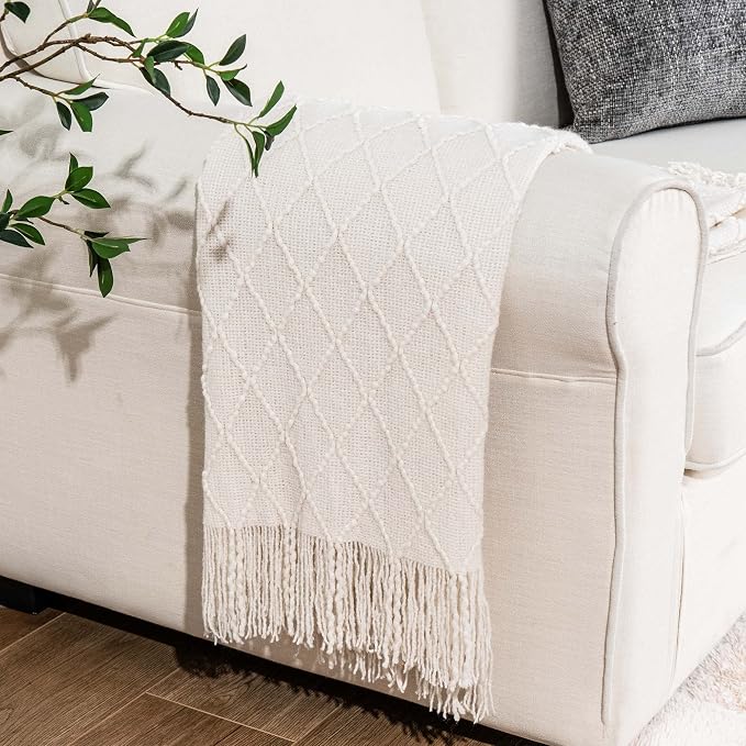 BATTILO HOME Cream Throw Blanket for Couch, Boho Bedroom Decor Throws, Decorative White Throw for Sofa Living Room, 50"x60" | Boho Bedroom Decor Throws, Decorative White Throw for Sofa Living Room