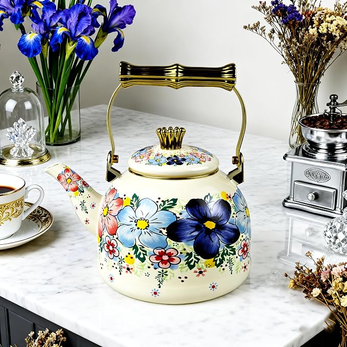 Floral Enamel Tea Kettle Bohemian Blue Flowers Stovetop Teapot 2.5L Coffee Hot Water Kettles with Gold Handle Vintage Kitchen Decor Christmas Gift