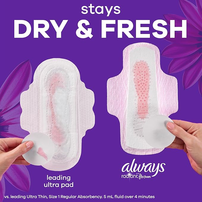 Always Radiant Feminine Pads for Women, Flexfoam Pads with Wings, Size 5, Extra Heavy Overnight Absorbency, Lightly Scented, 26 Count