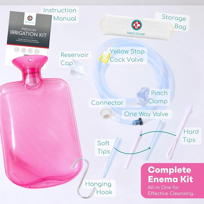 Medi Grade Enema Kit for Adults, 2L Capacity - Pink Transparent, Hands-Free with One-Way Valve, 4 Tips, Enema Bag - Enemas for Colon Cleanse for Women and Men - Coffee Enema & Colon Cleansing