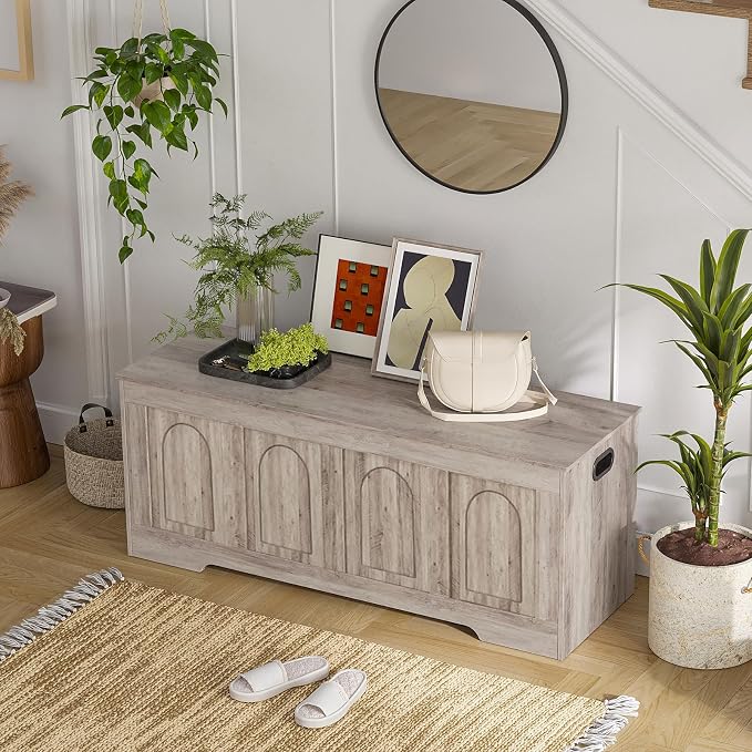 Storage Chest, Wooden Toy Box, Greige 47.2" L | Entryway Shoe Bench, 2 Soft-close Hinges, Finger-safe Flip-Top Lid, Easy Assembly, Farmhouse Large Trunk, Living Room/Bedroom