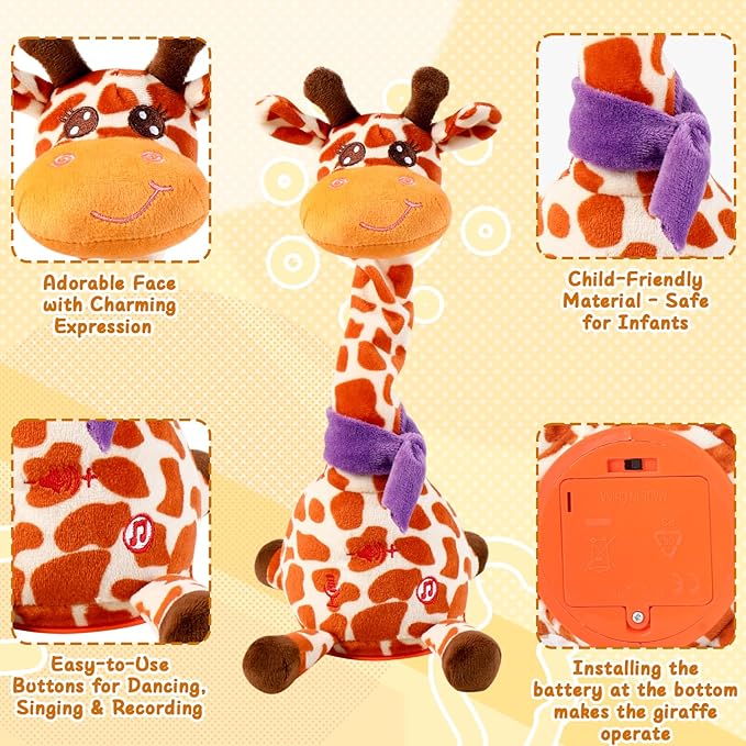 MIAODAM Dancing Giraffe Singing 10 Children's Song, Stuffed Baby Toy Repeats What You Say, Colorful Glowing Plush Interactive Toys (Giraffe-Style 2)