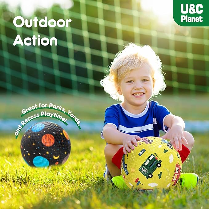U&C Planet 2 Pack Playground Balls for Toddler Kids, 6 inch 8.5 inch Cartoon Rubber Balls with Pump, Dodgeball Kickball for Outdoor & Indoor Game, Great Gift for Boys Girls Aged 1 and Above