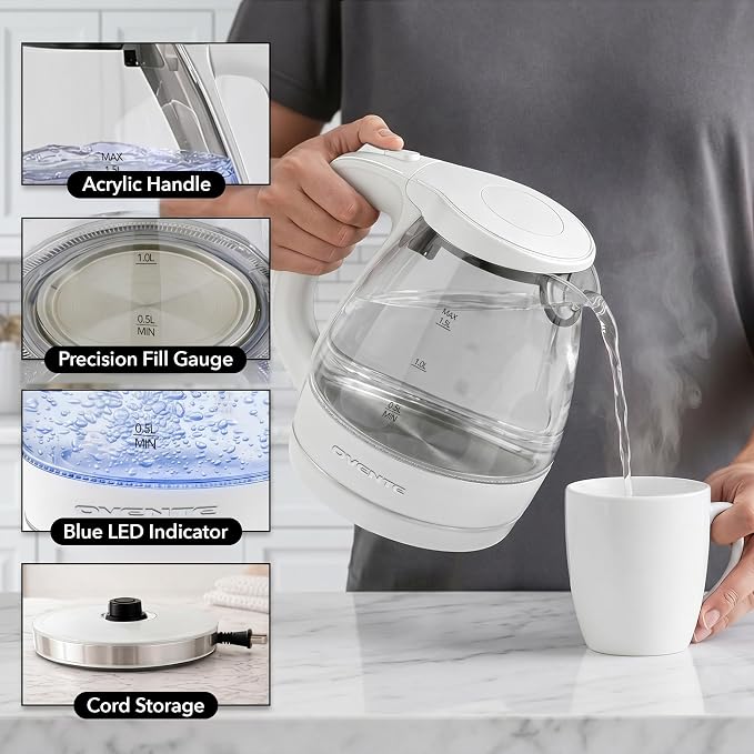 OVENTE Electric Kettle, 1.5L Borosilicate Glass Countertop Water Heater and Boiler for Coffee or Tea, BPA-Free, Auto Shut-Off, Boil-Dry Protection, Removable and Washable Spout Filter, White KG83W