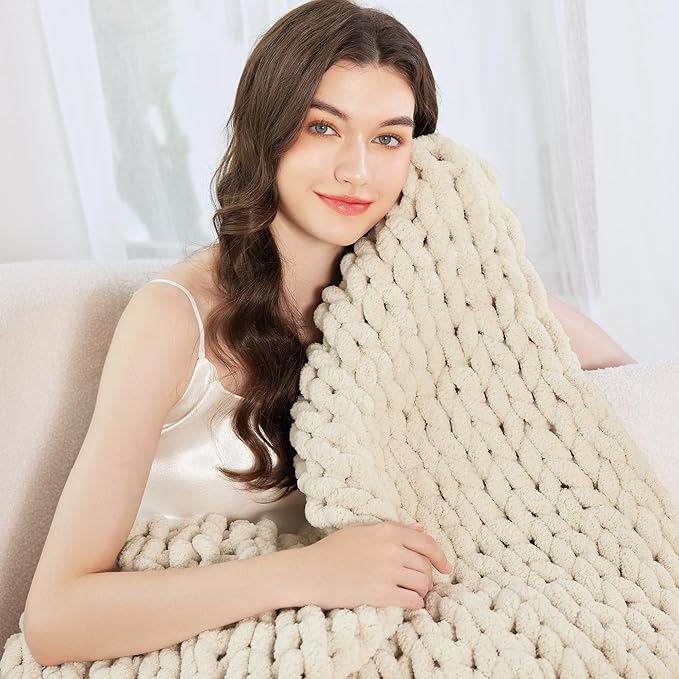 Chunky Knit Blanket Throw for Couch, 51"x63" Chunky Yarn Knitted Blankets | 100% Hand Knit Thick Chenille, Soft Breathable for Bed, Sofa, Home Decor, Cozy Gifts for Women Friends, Ivory