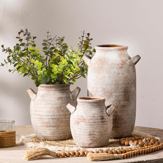 Vanselia Ceramic Flower Vase Home Decor - Farmhouse Table Vases with Handle Living Room Decoration Vintage Decorative Aesthetic for Shelf Coffee Dining Desk House Bookshelf Fireplace (7.1" Retro)