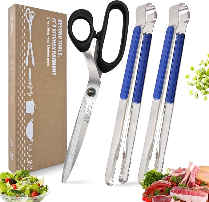 Korean Barbecue Scissors & Tongs Set - Kitchen Shears for Cutting Meat Chicken Vegetables, Clip for Cooking, Stainless Steel Non-slip Serrated Sharp BBQ Multipurpose Shears Tongs Dishwasher Safe