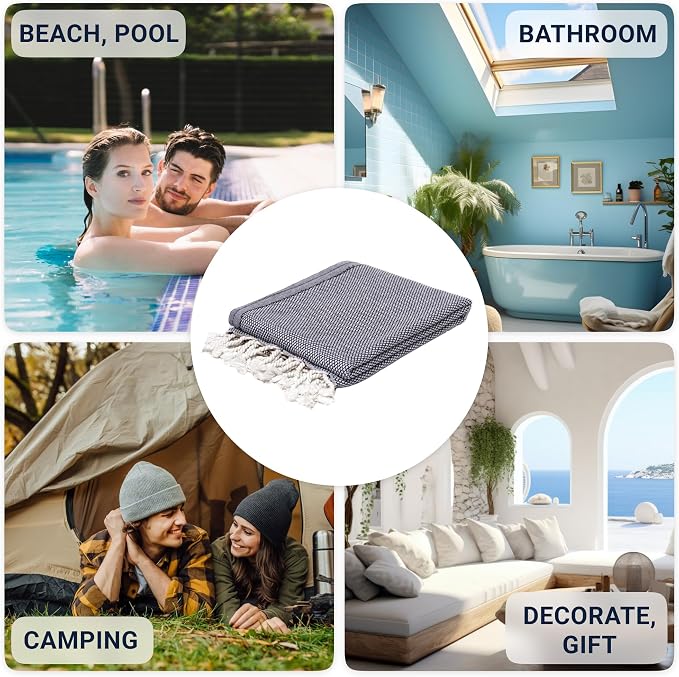 ATANI 69x35 in Oversized Turkish Beach Towel Set with Tote Bag – Quick-Dry 100% Turkish Cotton Peshtemal, Sand-Resistant, Lightweight for Shower, Travel, Pool, Yoga (Black)