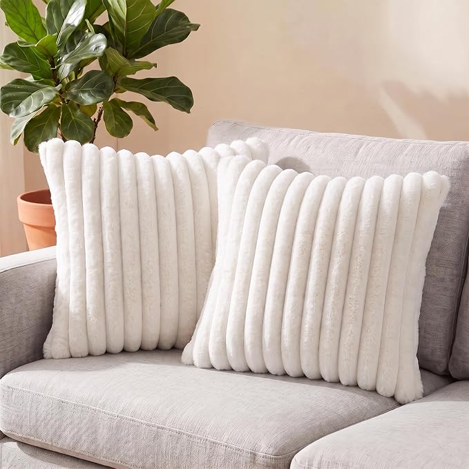 Pack of 2 Throw Pillow Covers 20x20 Decorative Solid Plush Faux Fur with Soft Velvet Back, Square Striped Cushion Cases Modern Farmhouse Home Decor for Living Room Couch Sofa Bed Cream White