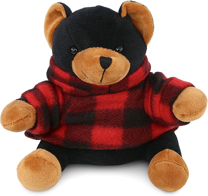 DolliBu Super Soft Black Bear Stuffed Animal with Plaid Red Hoodie Sweater and Personalization - Bear Plush Lumberjack Stuffed Toy with Plaid Jacket Dress Up for Christmas, Holiday, Winter - 6 Inches