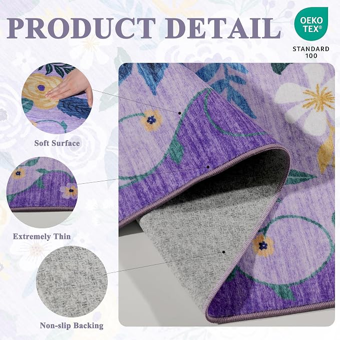 DUKINO 2x8 Runner Rug, Washable Runner Rug for Kitchen Non Slip, Purple | Low Pile, Floral, Soft Indoor Rug for Hallway, Entryway, Bedroom, Bathroom, Pet Friendly, Stain Resistant, Modern Home Decor