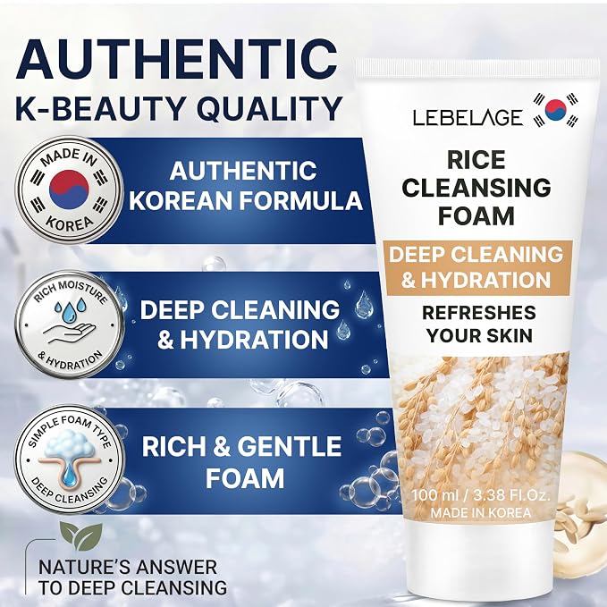 LEBELAGE Korean Rice Facial Cleanser 3.38 oz | Cleansing Foam Face Wash | Low pH Gentle Hydrating Daily Facial Cleanser Sensitive Skin | Deep Cleansing Foaming Cleanser, Pore Care-All Skin Types