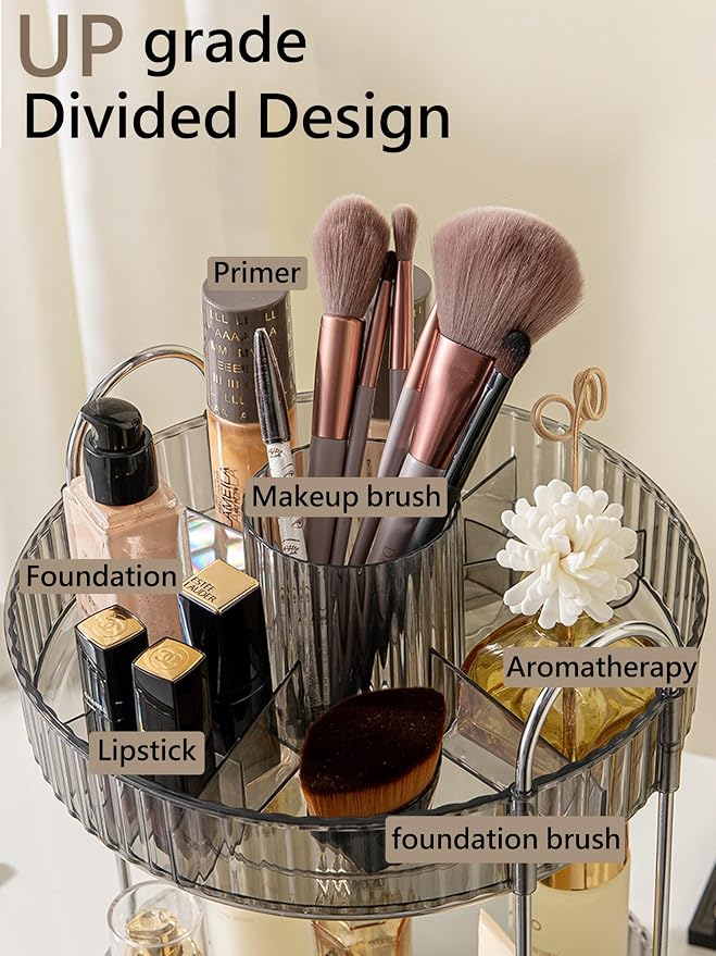 Asayuee 360 Rotating Makeup Organizer,3 Tier Large Capacity Make Up Organizers and Storage,Skincare Perfume Vanity Organizers,Bathroom Cosmetics Storage Organizer Countertop(Grey)