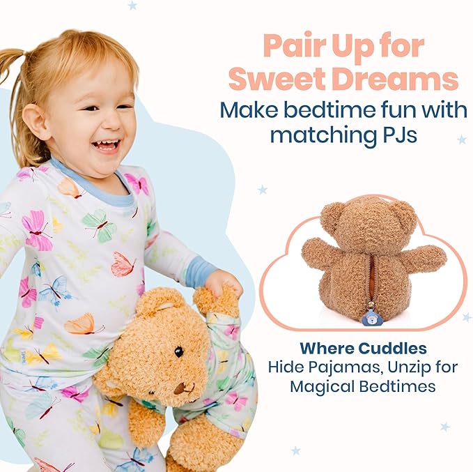 Zip N' Bear Soft Plush Teddy Bear Stuffed Animal with Butterfly Pajamas - Zippy The Bear Cute Cuddly Plush Toy, Perfect Sensory Teddy for Kids, Toddlers - Adorable Gift & Bedtime Companion