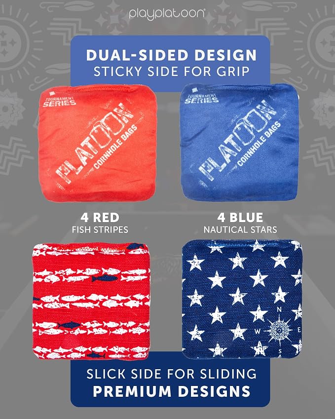 Play Platoon Pro Cornhole Bags Set of 8 - Professional Dual Sided Slick and Sticky Side Competition Corn Hole Bags - Tournament Series