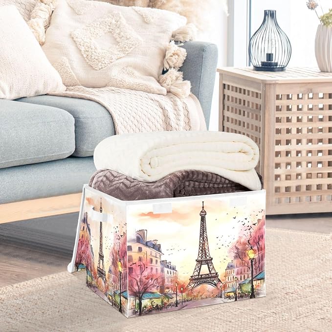 Watercolor Paris Storage Bins with Lids and Carrying Handle,Foldable Storage Boxes Organizer Containers Baskets Cube with Cover for Home Bedroom Closet Office